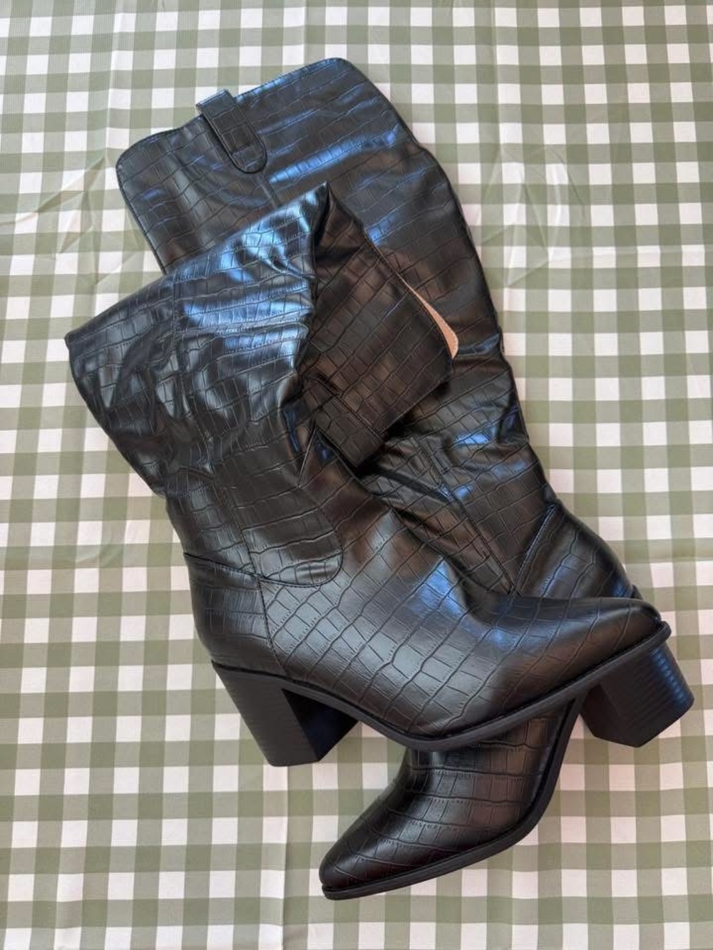 DSW Black Croc-Embossed Mid-Calf Block Heel Boots
